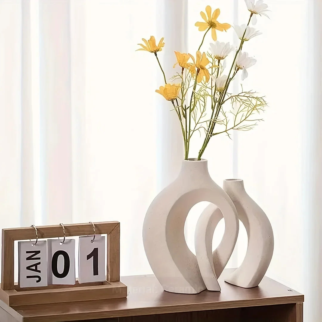 Ceramic Vase Porcelain Set Of 2 White Boho Living Room Table Decor Minimalist Scandinavian Home Accent | Thomler