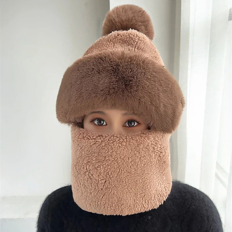 Plush Hooded Scarf Combo Winter Beanie & Neck Warmer Fleece Wrap for Women Cold Weather Outdoor Fashion | Thomler
