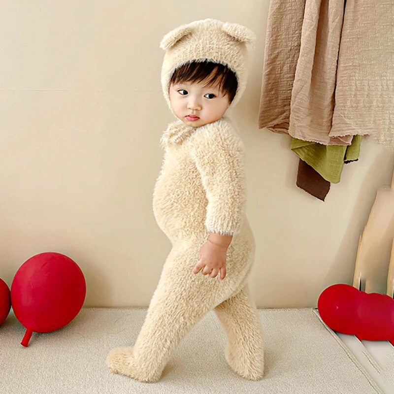 Plush Bear Hooded Romper for Baby – Soft Fleece Bodysuit Onesie for Infant Boys & Girls | Thomler