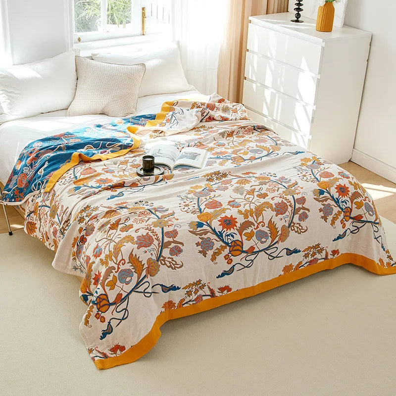 Lightweight Cotton Gauze Throw Blanket Queen King Bed Coverlet Breathable Floral Bedspread for Warm Weather Bedding | Thomler