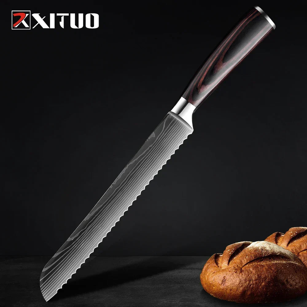 Professional Damascus-Pattern Chef's Blade Set – Hardened Steel Cutlery with Pakkawood Handles – Complete 1-9 Pc Cooking Knife Assortment | Thomler