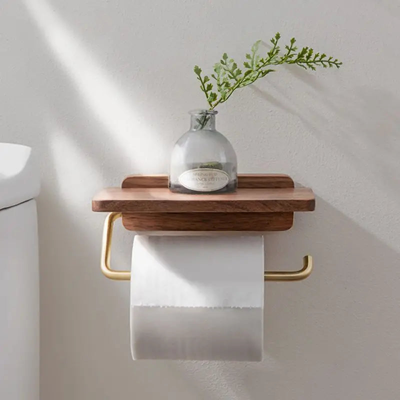 Toilet Roll Holder Walnut Wood Wall Mounted Bathroom Shelf Storage Organiser Minimalist Toilet Paper Rack | Thomler