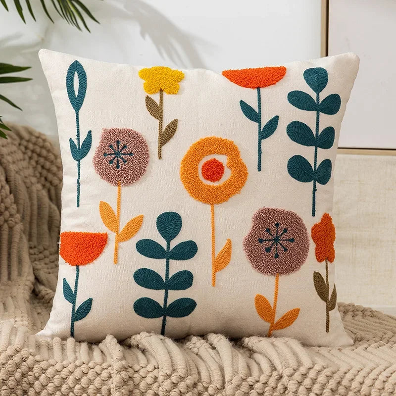 Cushion Cover Cotton Canvas 45.0 cm Floral Embroidered White Sofa Bed Decorative Pillow Case Farmhouse Living Room Accent | Thomler