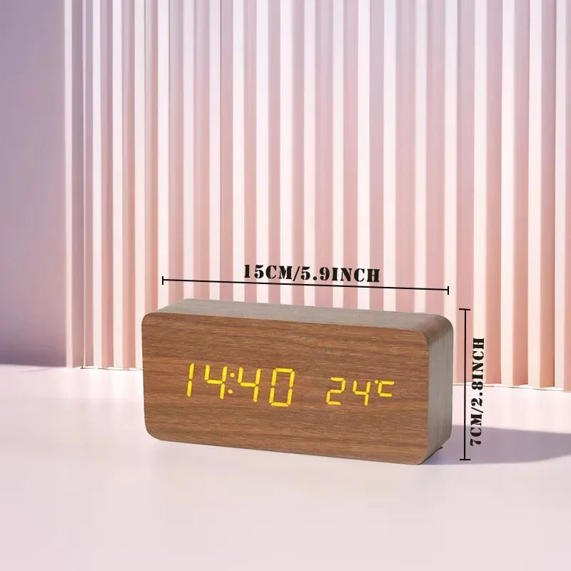 Alarm Clock Wood Look LED Display USB Powered Bedroom Desk Temperature Clock 12 24 Hour Adjustable Brightness Triple Alarm | Thomler
