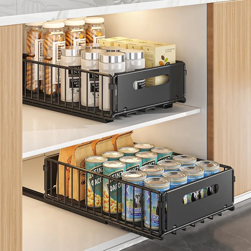 Storage Drawer Carbon Steel 37.5 cm Pull Out Kitchen Cabinet Spice Organiser Pantry Rack Black | Thomler