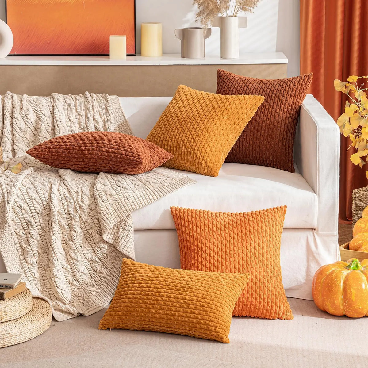 Corduroy Pillow Cover Ribbed Texture Decorative Throw Cushion Case Bohemian Striped Design for Couch Sofa Bed Chair Living Room Bedroom | Thomler