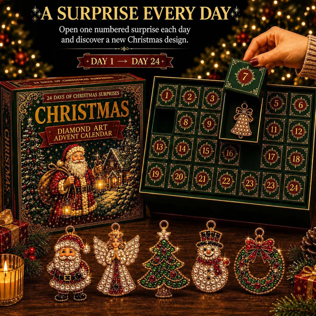Holiday Countdown Calendar with Crystal Gem Decorations – 24 Sparkling Acrylic Ornaments for December Festivities | Thomler