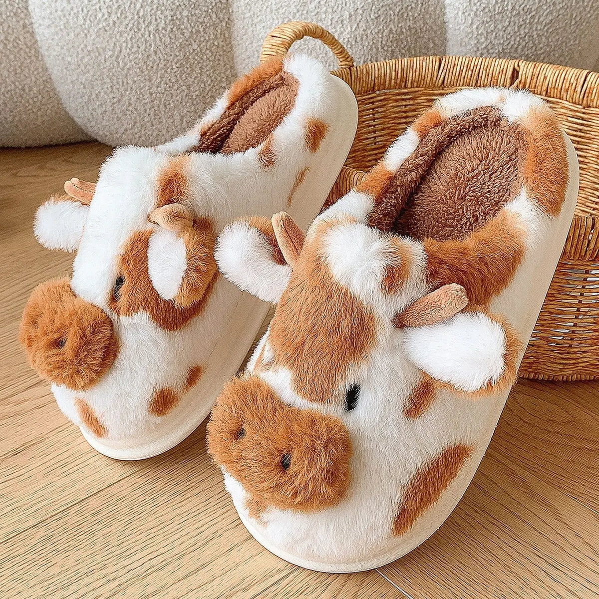 Plush Cow Print House Slippers for Women – Cozy Indoor Footwear with Platform Sole for Winter Warmth & Comfort | Thomler