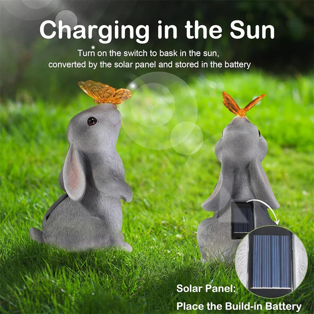 Garden Figurine Resin Solar Powered 22.5 cm White Grey Patio Rabbit LED Outdoor Decoration Butterfly Light | Thomler