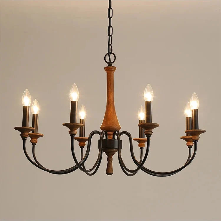 Carved Timber Column Chandelier with Candelabra Arms – 5 to 8 Lights for Farmhouse Dining Room or Entryway | Thomler