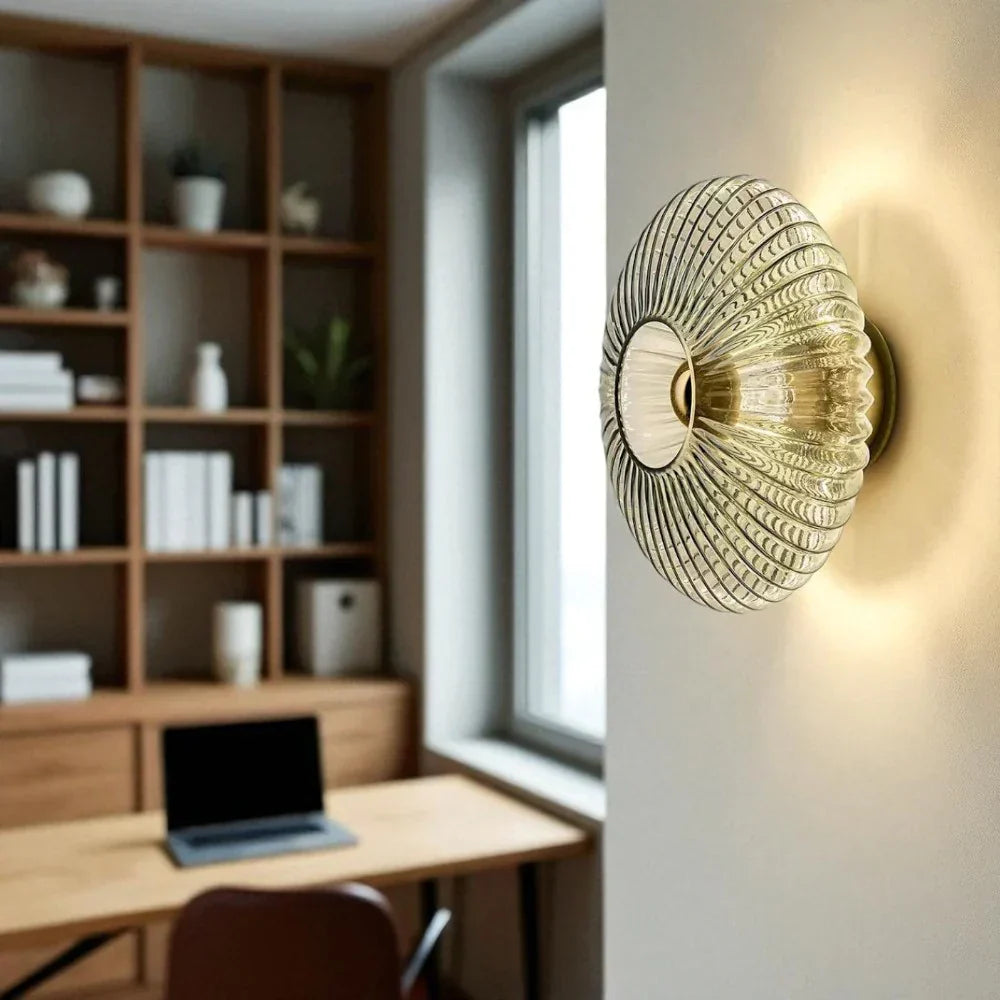 Wall Lamp Ribbed Glass Amber Gold Indoor Decorative Accent Lighting Art Deco Boho Bedroom Hallway Living Room Sconce | Thomler