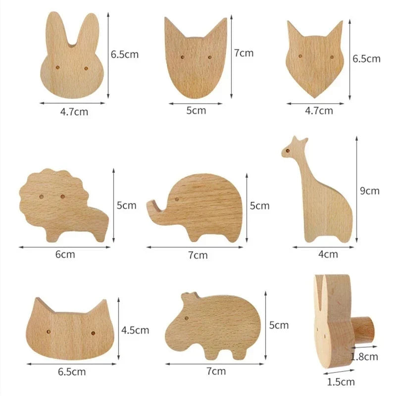 Wall Hooks Wooden Animal Self Adhesive Natural Kids Bedroom Nursery Coat Bag Holders Scandinavian Decor | Thomler