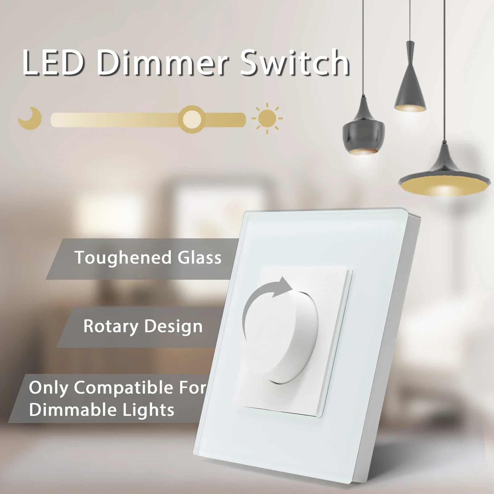 Wall Dimmer Glass Panel 8.6 cm (3.4") Rotary LED Lighting Control Home Living Room Bedroom Light Switch | Thomler