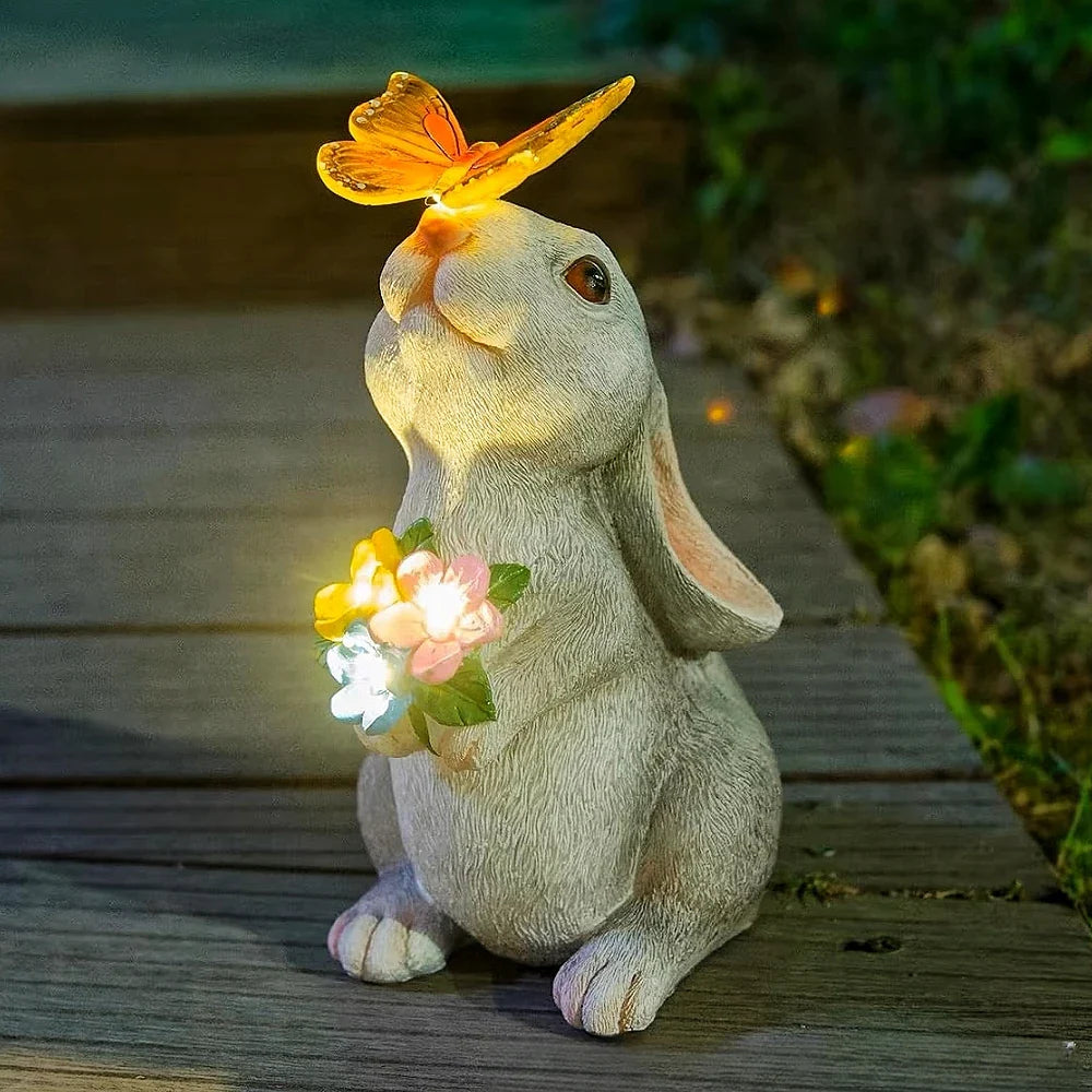 Garden Figurine Resin Solar Powered 22.5 cm White Grey Patio Rabbit LED Outdoor Decoration Butterfly Light | Thomler