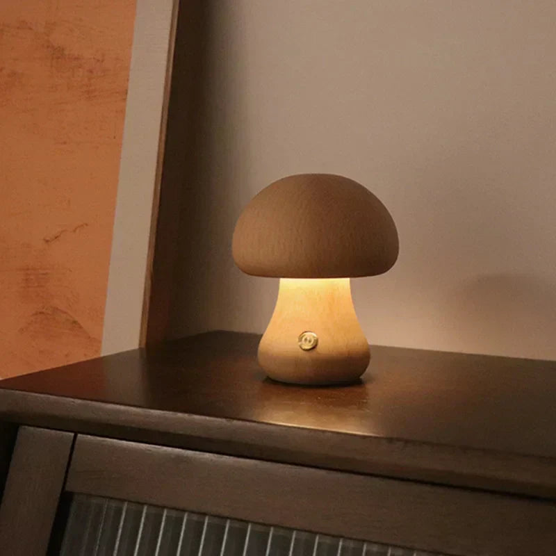 Rechargeable LED Mushroom Night Light with Touch Dimmer for Bedside, Nursery & Kids Room | Cordless Wooden Lamp | Thomler