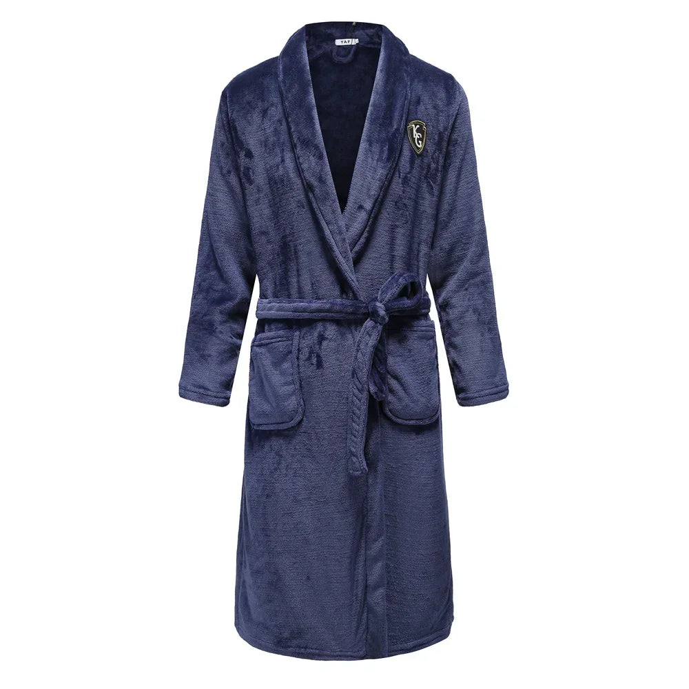 Plush Coral Fleece Robe for Men – Long Shawl Collar Bathrobe in Navy, Gray & Camel – Warm Winter Loungewear M-3XL | Thomler