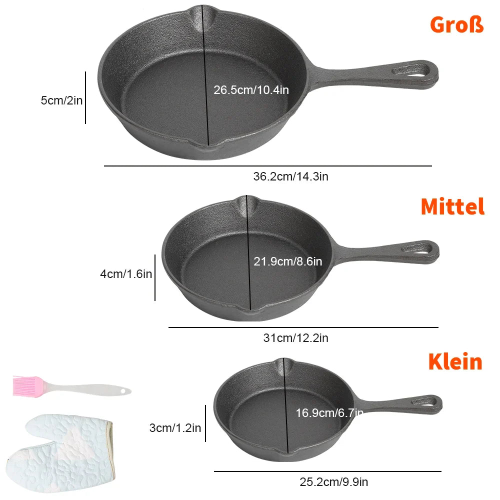 Frying Pan Set Cast Iron 16.0 cm 20.0 cm 26.0 cm Black Induction Open Fire Cooking Skillet Set | Thomler