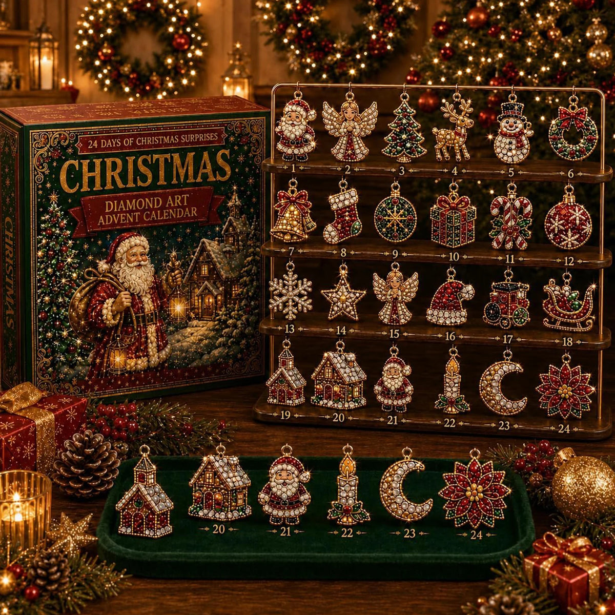 Adventskalender met 24 dagen tot Kerstmis 2026, DIY diamantschilderij acryl ornament kit