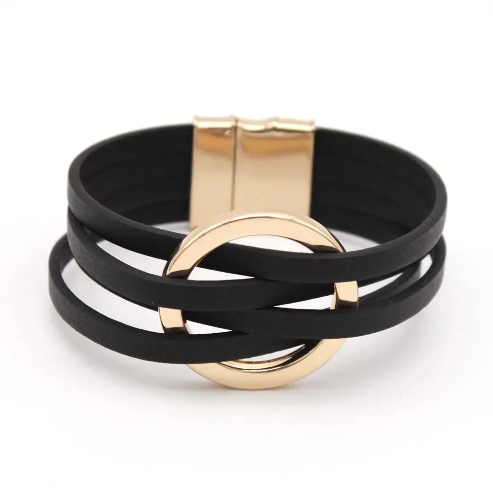 Layered Leather Wrap Bracelet with Magnetic Clasp – Geometric Accent Cuff for Women & Men | Thomler