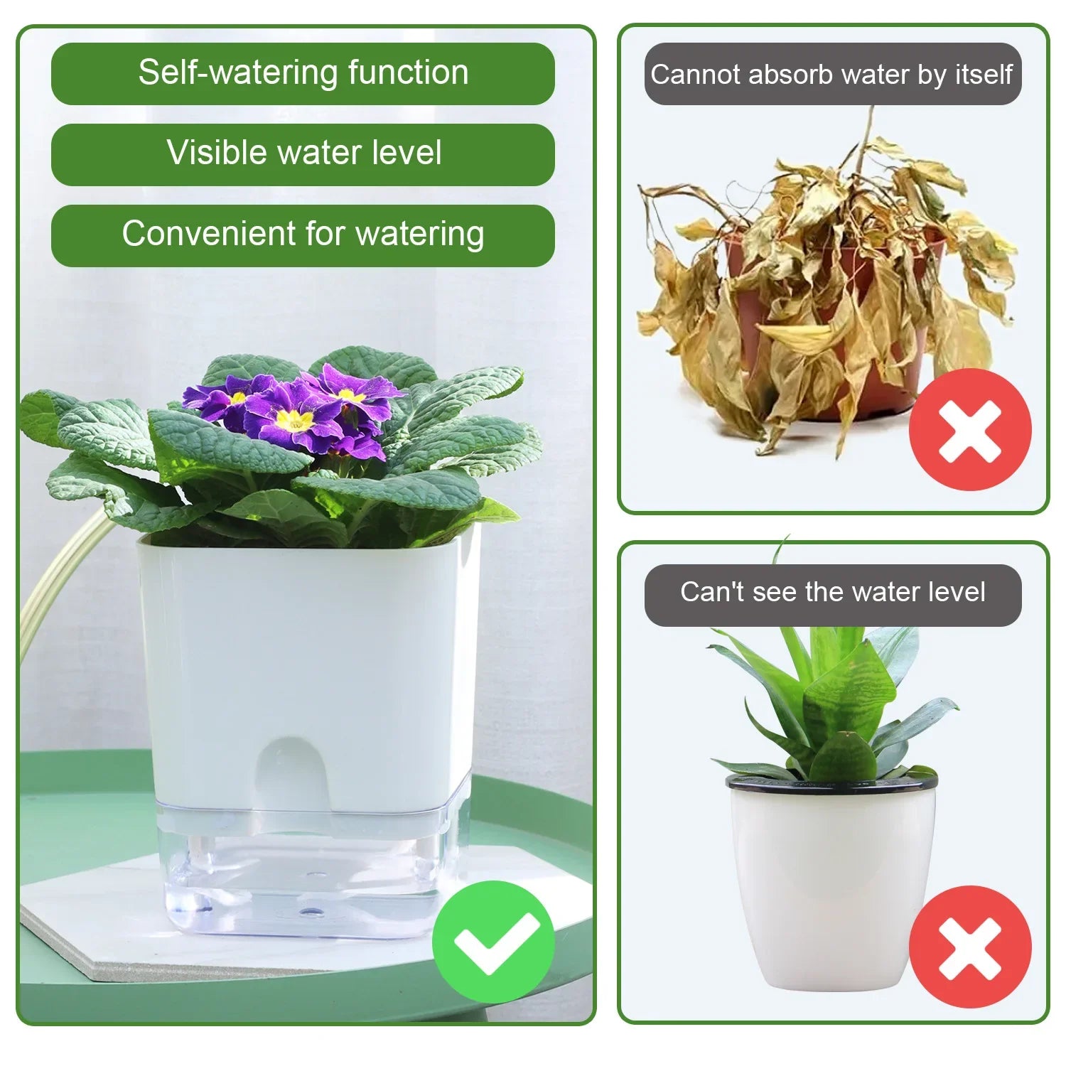Flower Pot Self Watering PP AS Plastic 25.0 cm White Indoor Herb Planter Hydroponic Windowsill Office Container | Thomler