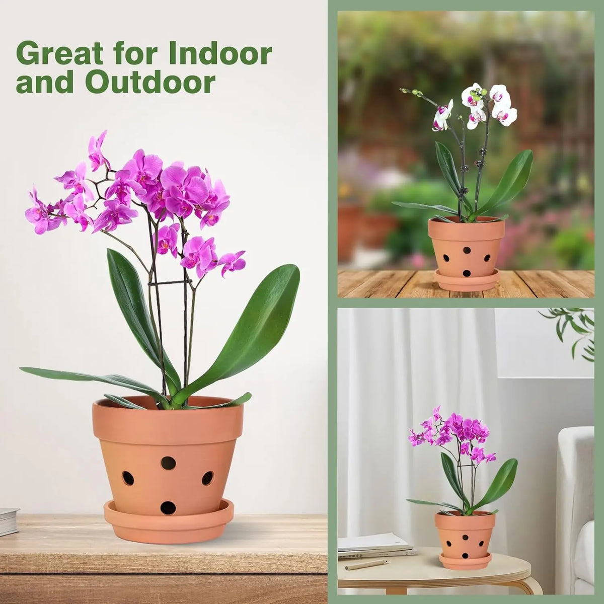 Clay Orchid Planters with Drainage Holes and Saucers – 6-Pack 4 Inch Breathable Ceramic Pots for Repotting Indoor and Outdoor Plants | Thomler