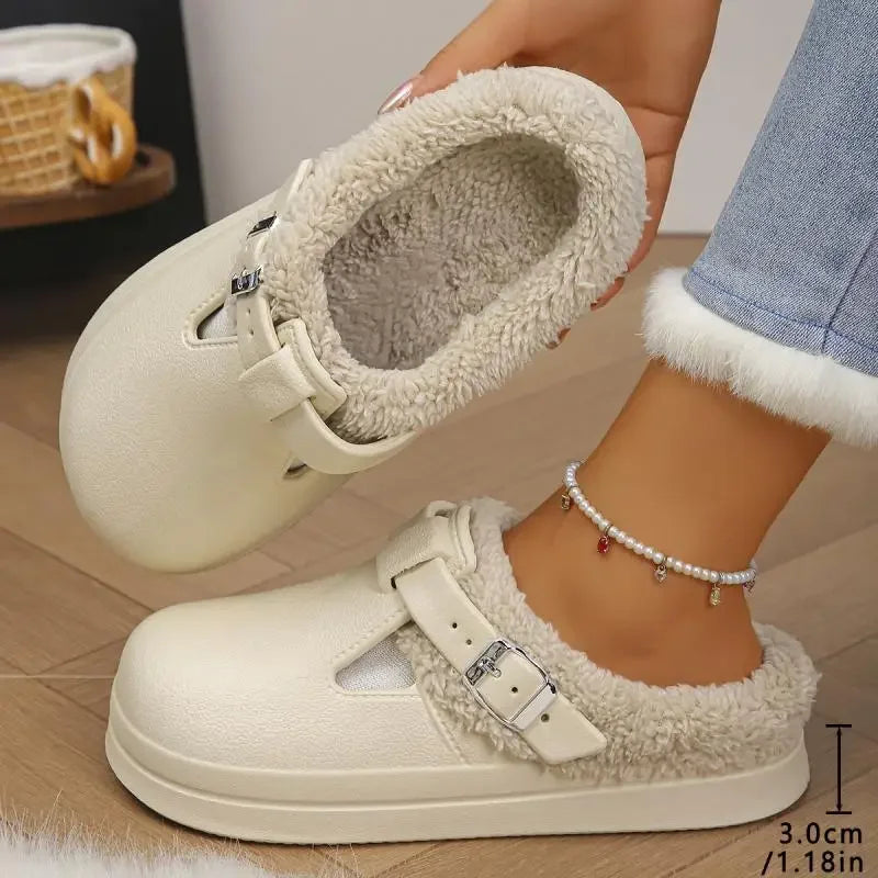 Waterdichte Eva Harige Muilezels Slippers Vrouwen 2025, Winter Metalen Gesp Warme Pluche Slippers Zachte Dikke Bodem Antislip Indoor Slides