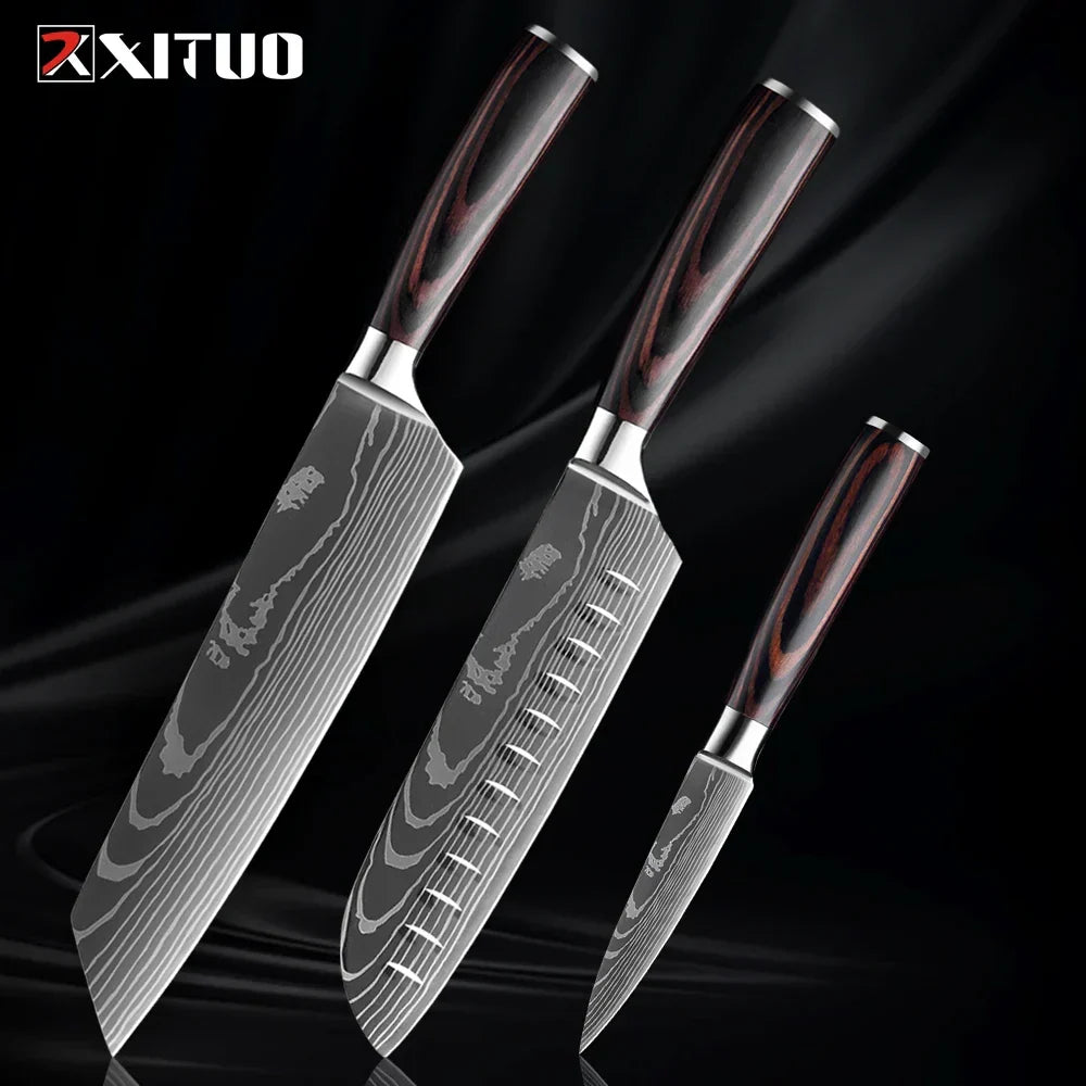 Professional Damascus-Pattern Chef's Blade Set – Hardened Steel Cutlery with Pakkawood Handles – Complete 1-9 Pc Cooking Knife Assortment | Thomler
