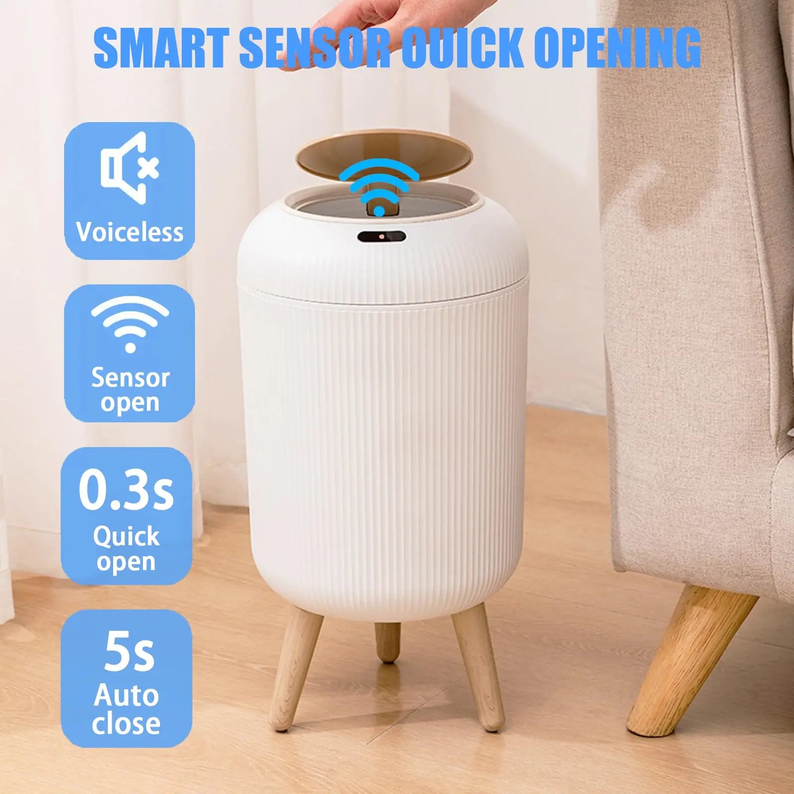 Trash Can Plastic 10.0 L Motion Sensor Wooden Legs Kitchen Bathroom Touchless Waste Bin Scandinavian Style | Thomler