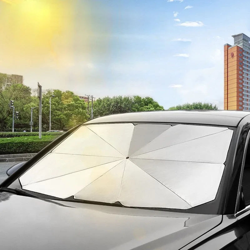 Foldable Windshield Sun Shade for Car | Umbrella Style Heat Blocker with UV Protection | Quick Deploy Reflective Sunshade for Front Window | Thomler