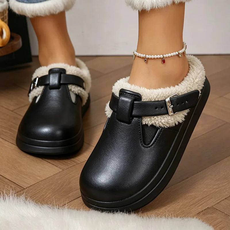 Cushioned Platform House Slippers for Women – Cozy Faux-Fur Indoor Slides with Buckle Detail & Non-Slip Sole | Thomler
