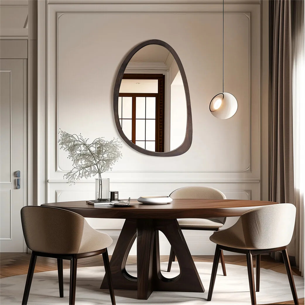 Wall Mirror Rubberwood 50.0 cm x 70.0 cm Black Walnut Japandi Bedroom Hallway Organic Asymmetrical Decorative Mirror | Thomler