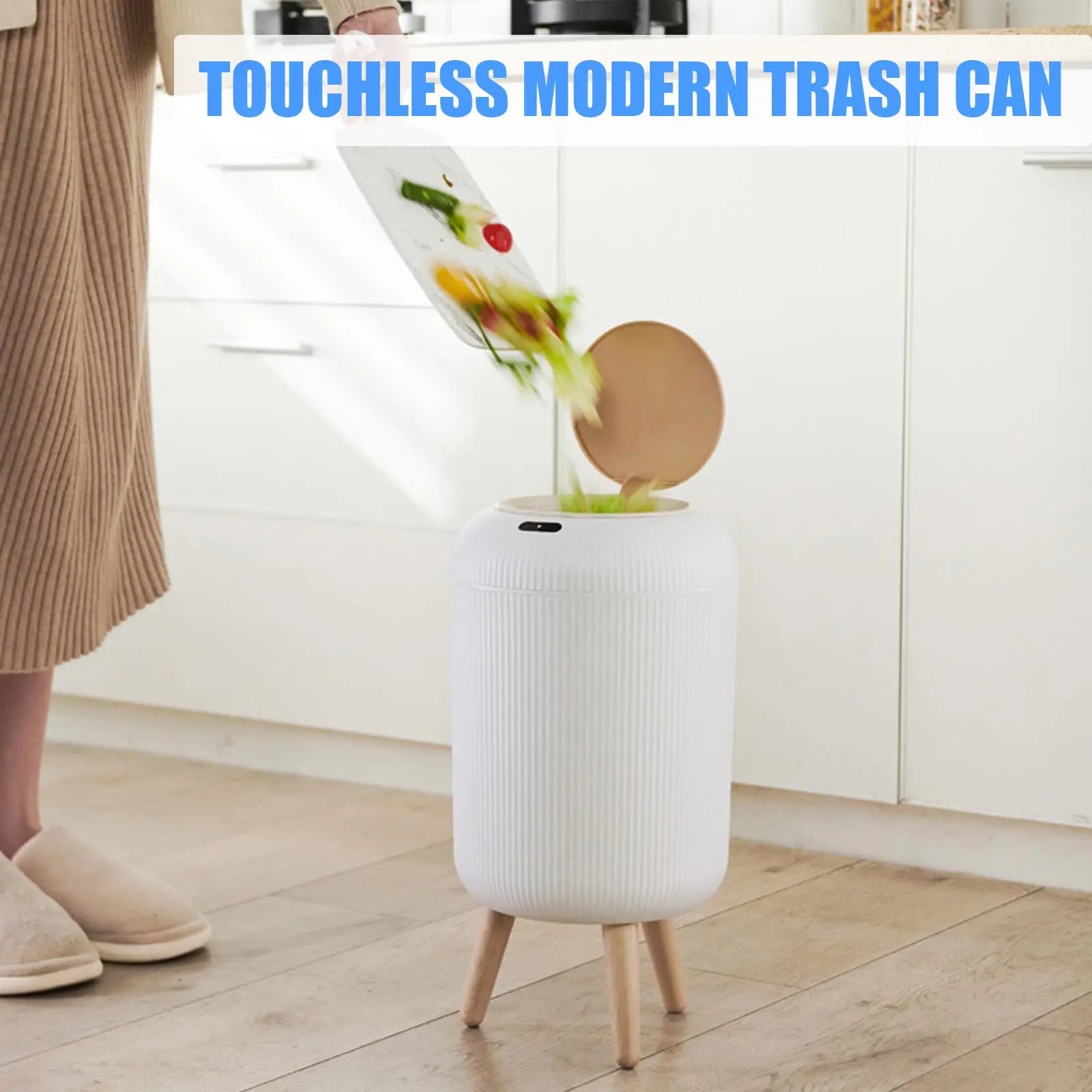 Trash Can Plastic 10.0 L Motion Sensor Wooden Legs Kitchen Bathroom Touchless Waste Bin Scandinavian Style | Thomler
