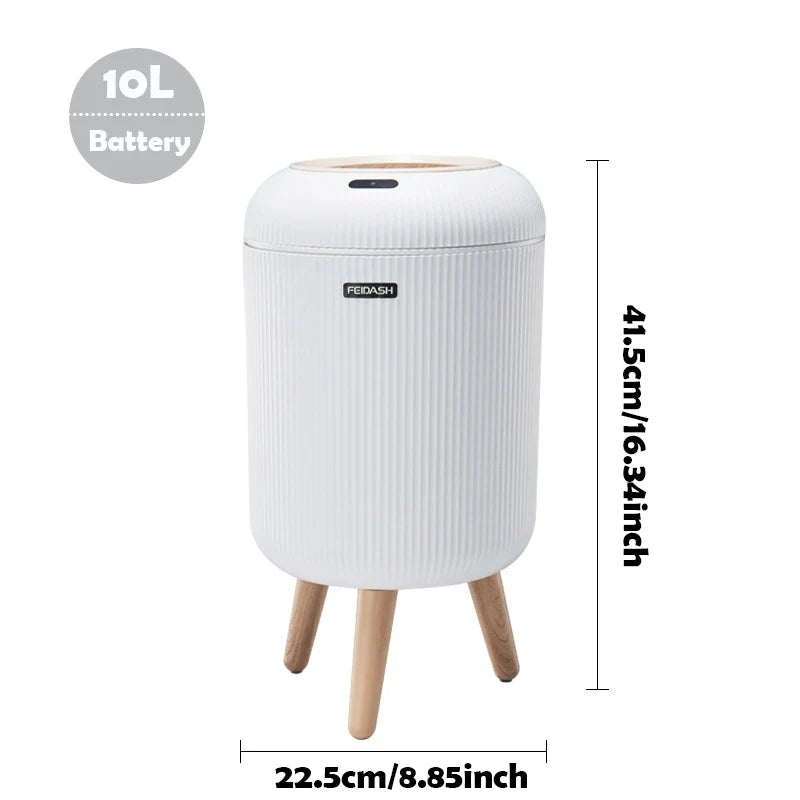 Trash Can Plastic 10.0 L Motion Sensor Wooden Legs Kitchen Bathroom Touchless Waste Bin Scandinavian Style | Thomler