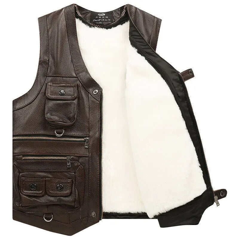 Genuine Leather Adventure Vest Sleeveless Casual Zip-Front Jacket Fall Winter Outdoor Riding Coat Men's Plus Sizes XL-7XL | Thomler
