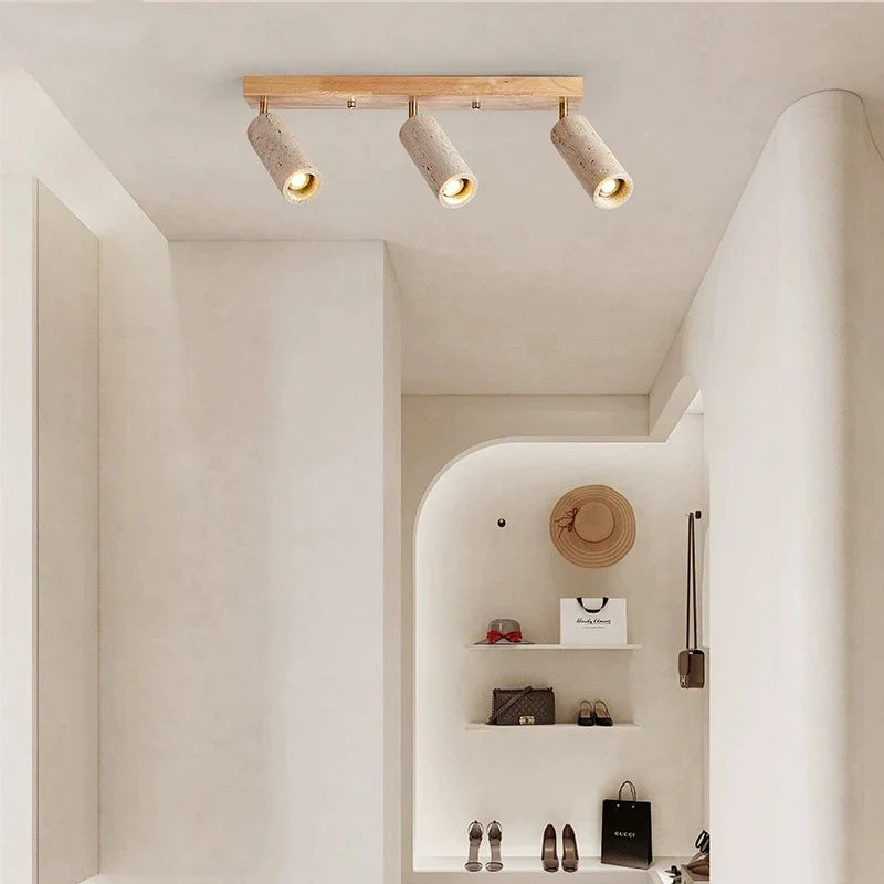 Ceiling Spotlight Travertine Wood 23.6 in 3 Head Adjustable Indoor Lighting Fixture Modern Surface Mounted Accent Lamp | Thomler