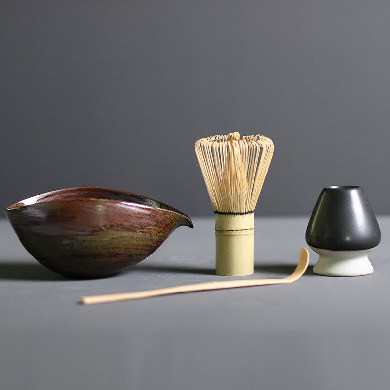 Ceremonial Matcha Tea Preparation Kit — Bamboo Whisk, Ceramic Bowl, Scoop & Holder — 4-Piece Japanese Tea Set for Home Brewing | Thomler