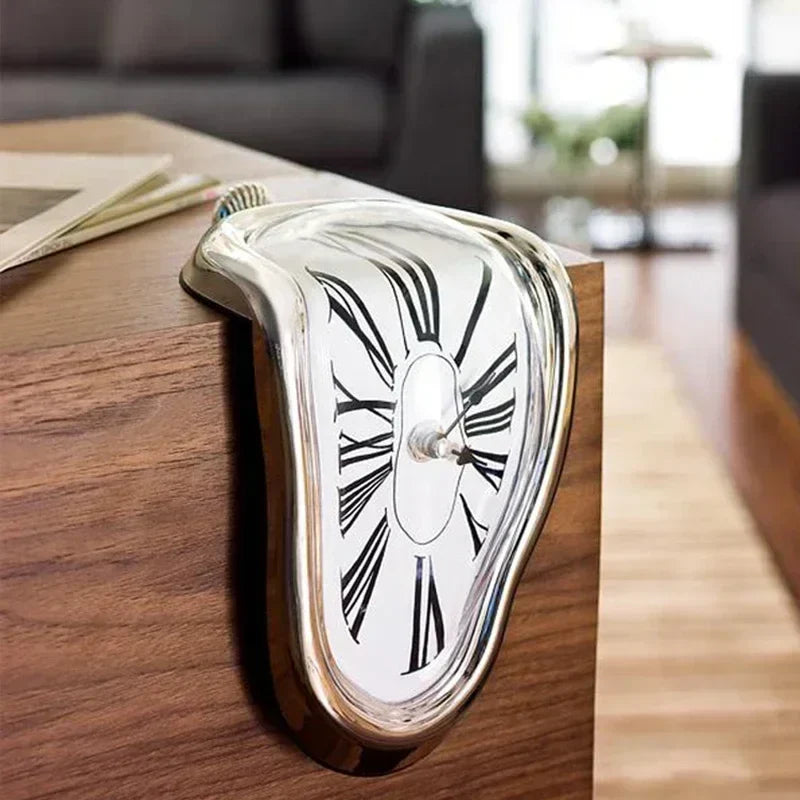 Desk Clock Aluminium Quartz 18.0 cm Silver Surreal Shelf Mantel Office Decorative Melting Roman Numeral Timepiece | Thomler