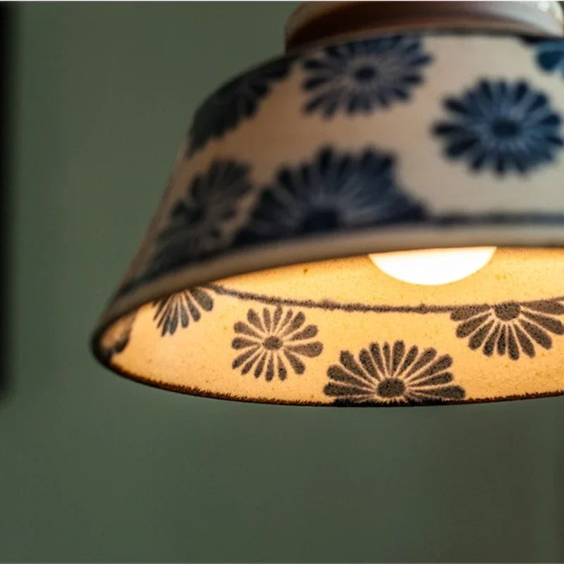 Ceramic Hanging Light Fixture with Unique Floral Designs for Kitchen, Dining Room, Cafe | Artisan Crafted Copper Hardware Pendant Lamp | Thomler
