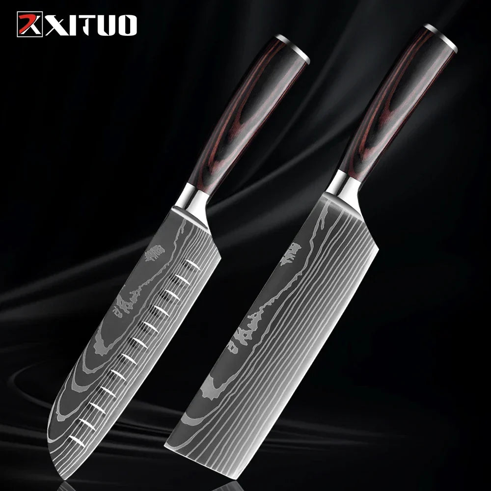Professional Damascus-Pattern Chef's Blade Set – Hardened Steel Cutlery with Pakkawood Handles – Complete 1-9 Pc Cooking Knife Assortment | Thomler