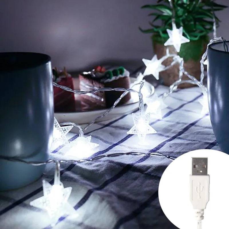 Battery or USB Powered Star Shaped Decorative String Lights for Indoor & Outdoor Spaces – 10 to 80 Bulbs | Thomler