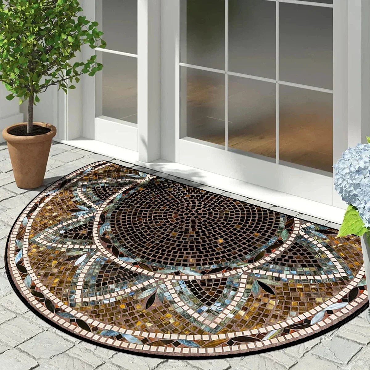 Half Circle Entryway Mat – Non-Slip Outdoor Rug with Vintage Patchwork Floral Geometric Print for Patio, Front Door, Balcony & | Thomler