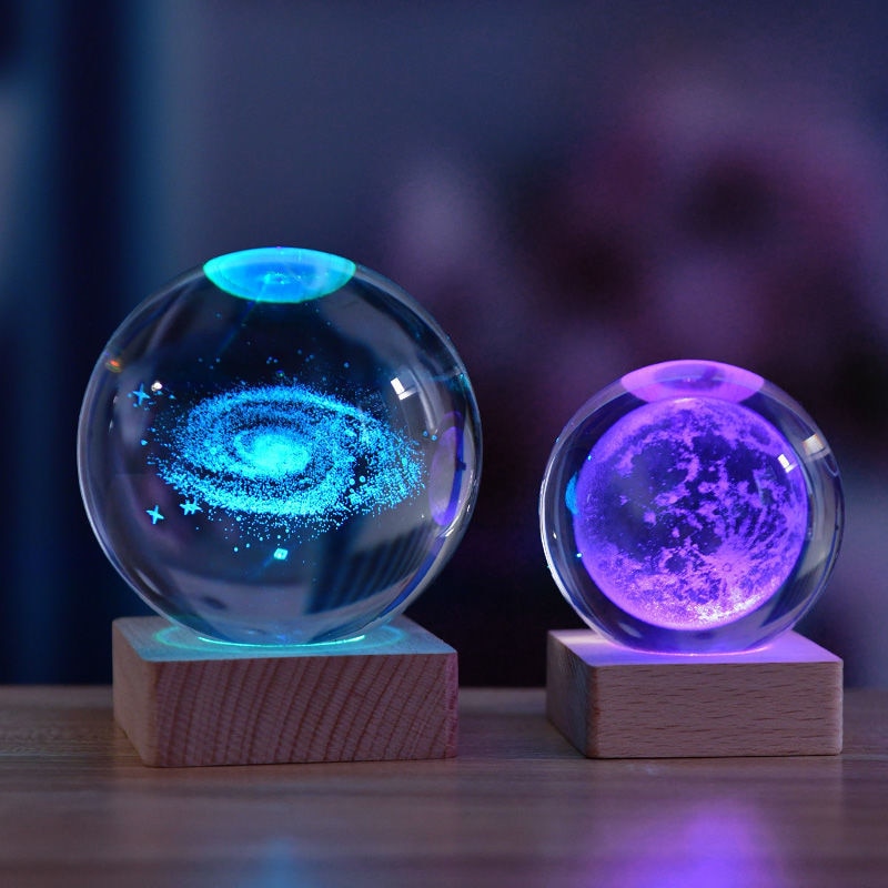 Table Lamp K9 Crystal Sphere 6.0 cm LED Wooden Base Desk Bedside Mood Lighting Decorative Accent | Thomler