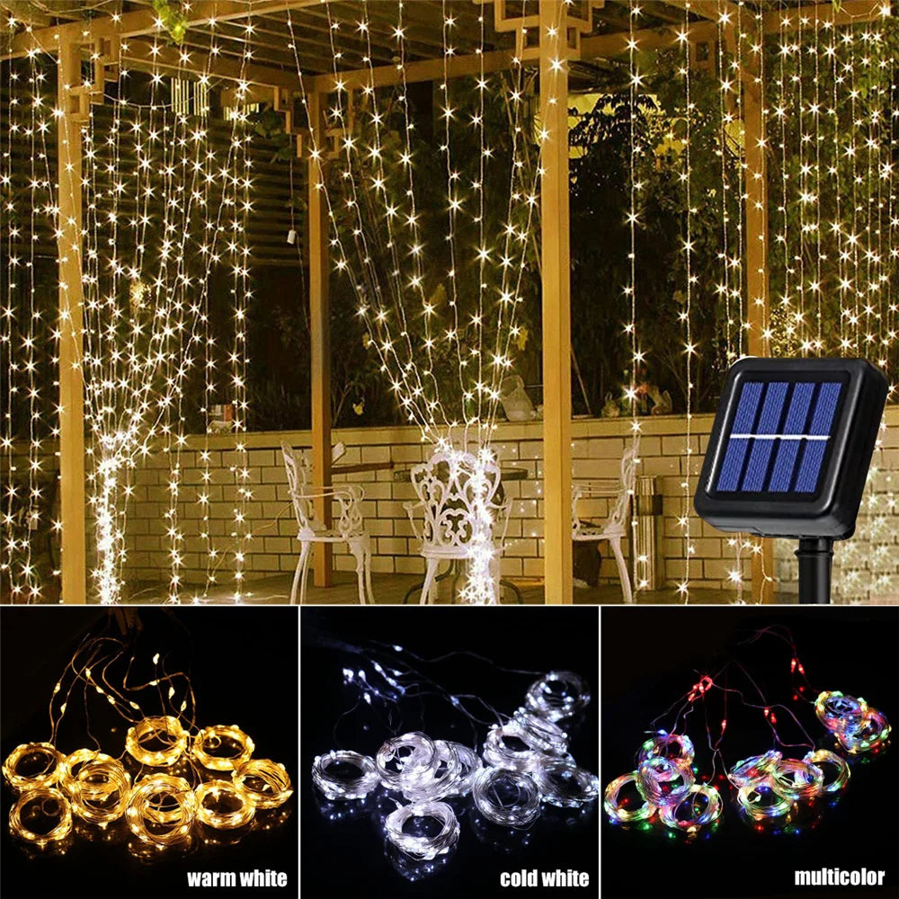 Waterproof Solar Cascading String Lights Outdoor LED Curtain Decoration for Yard Garden Holiday Christmas | Thomler