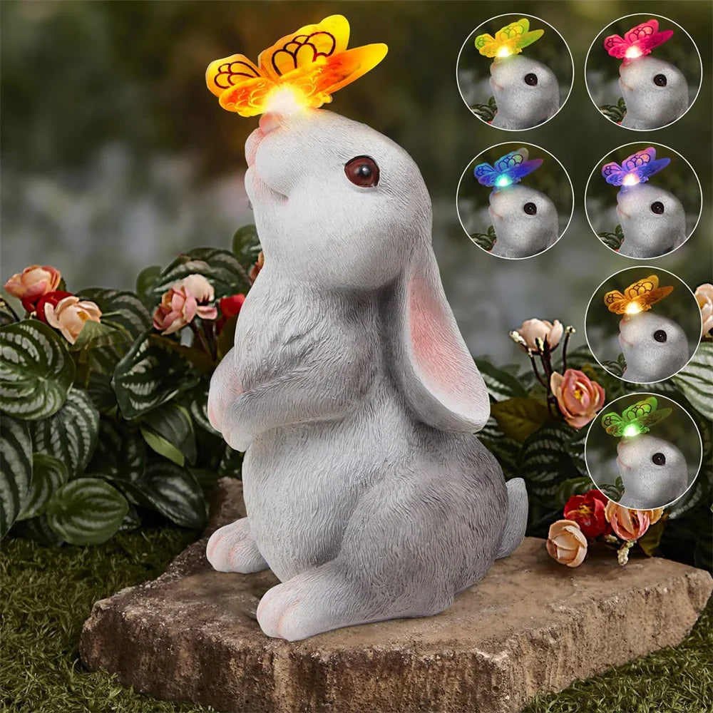 Garden Figurine Resin Solar Powered 22.5 cm White Grey Patio Rabbit LED Outdoor Decoration Butterfly Light | Thomler