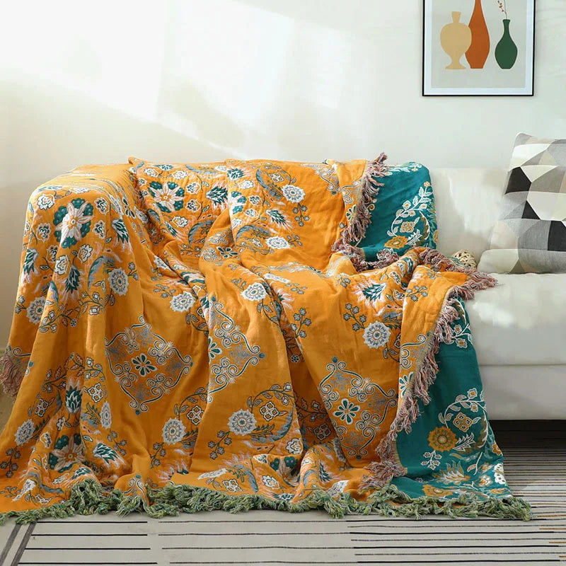 Woven Cotton Throw Blanket with Tasseled Fringe – Lightweight All-Season Layer for Couch or Bed | Thomler