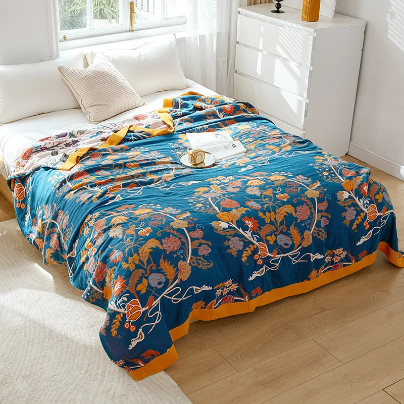 Lightweight Cotton Gauze Throw Blanket Queen King Bed Coverlet Breathable Floral Bedspread for Warm Weather Bedding | Thomler