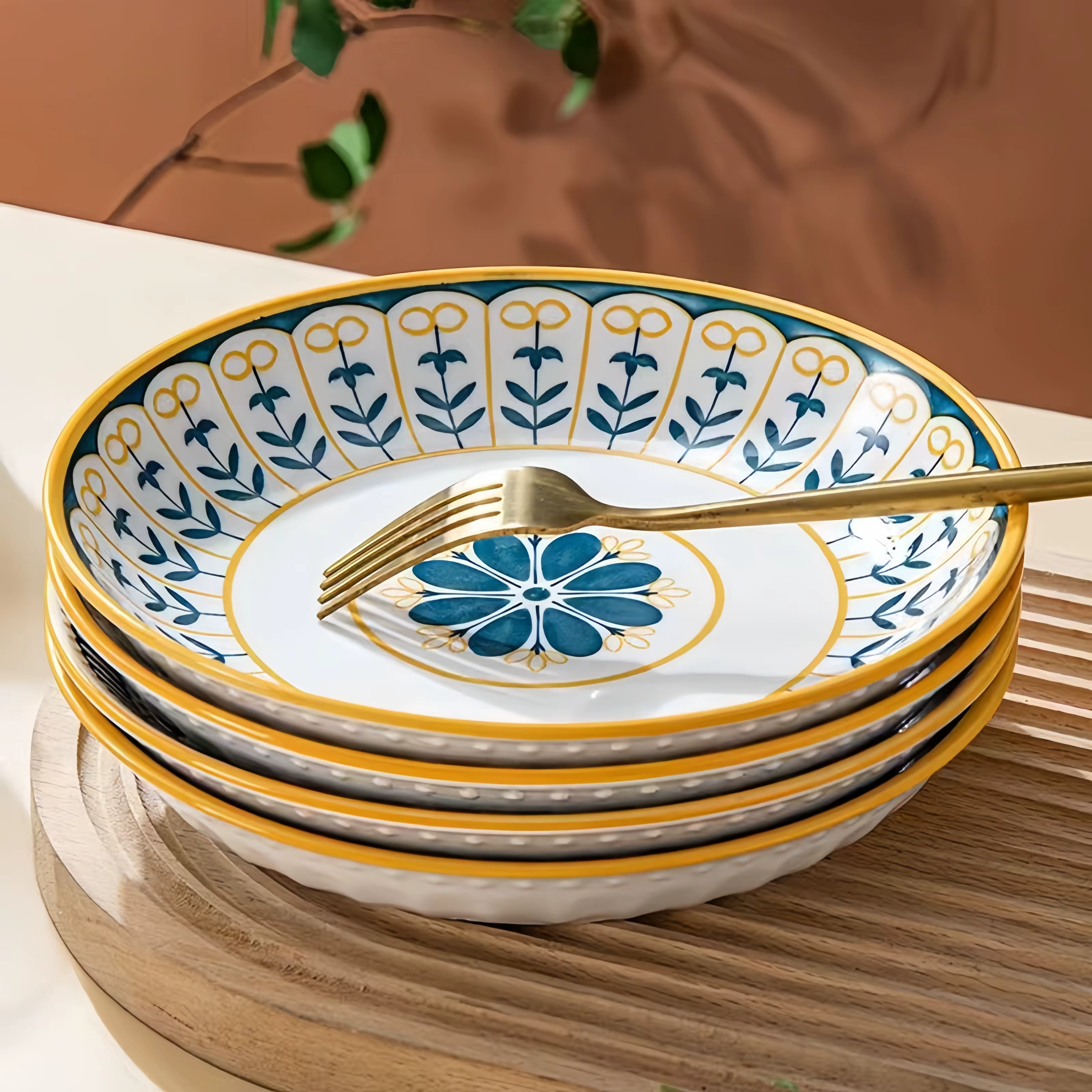 Dinnerware Set Porcelain 20.0 cm 7.9" Navy Blue Gold Breakfast Dessert Salad Plates Hand Painted Floral Tableware Set Of 4 | Thomler