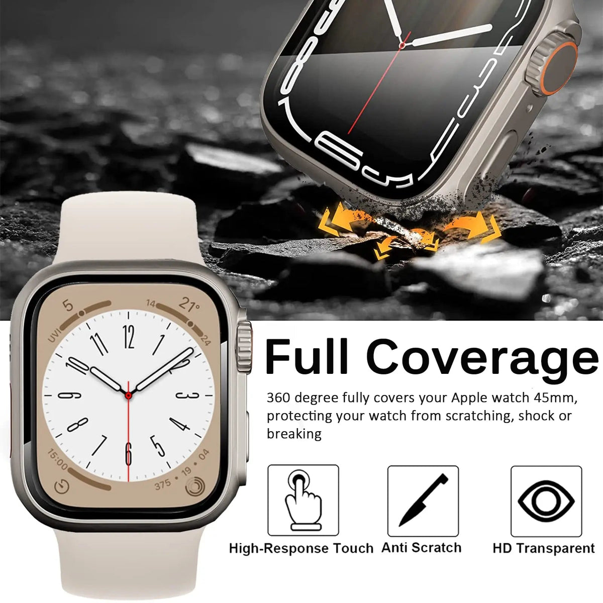 Hardened Glass Shield Case for Apple Watch Series 7/8/SE – Full Display Coverage, Crown Access, 40-45mm Sizes | Thomler