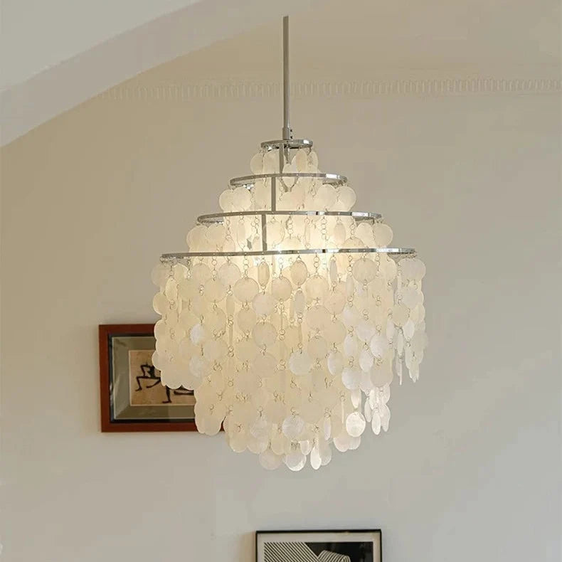 Tiered Oceanic Shell Disc Pendant with LED Illumination – Cascading Statement Fixture for High Ceilings | Thomler