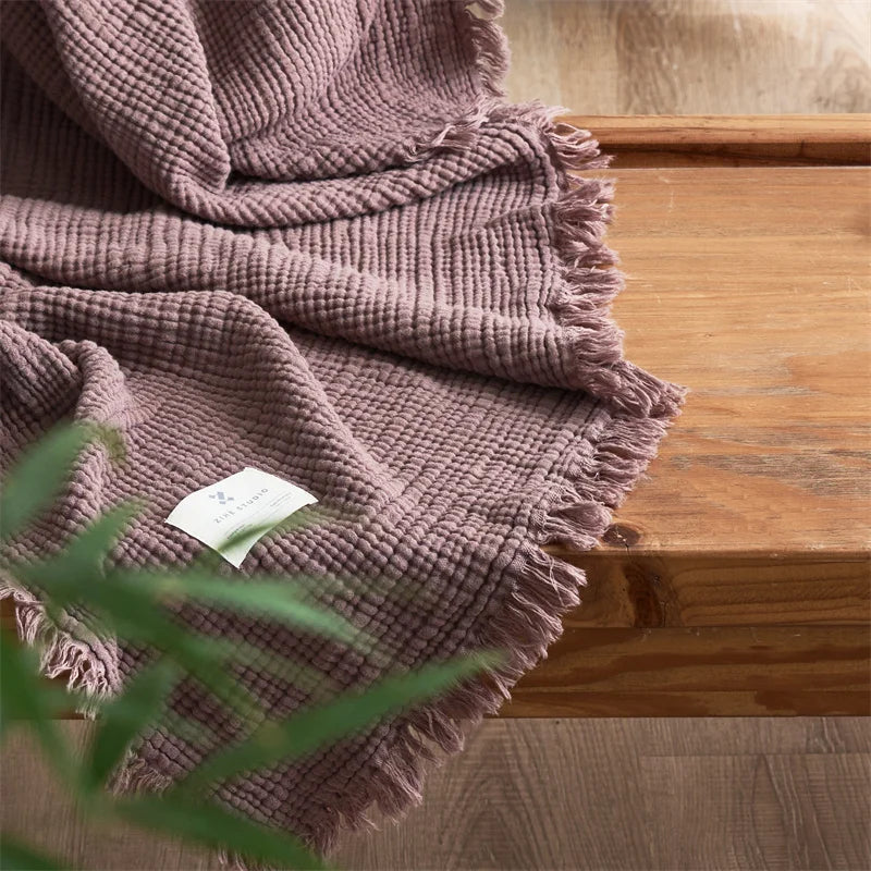 Four-Layer Cotton Gauze Throw Blanket with Tassels – Reversible Muslin Sofa Coverlet for Living Room & Bedroom | Thomler